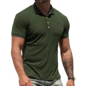 🆕Men Dark Green Polyester Polo Shirt Slim Fit Casual Workout Short Sleeve